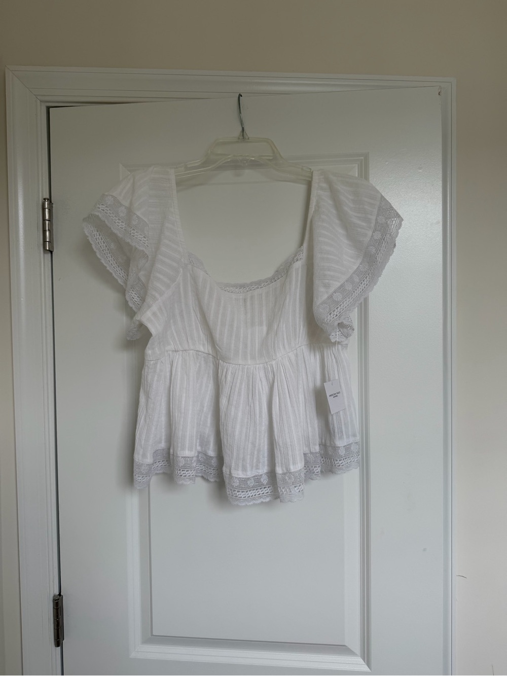 American Eagle Outfitters White Lace-Trim Peplum Flutter Top